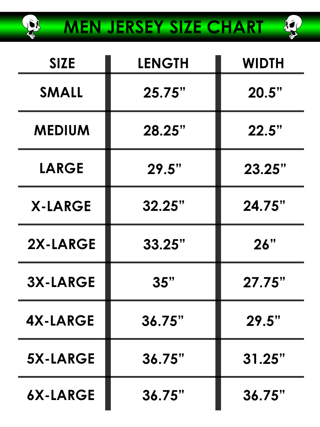 Custom Team Uniform Size Charts